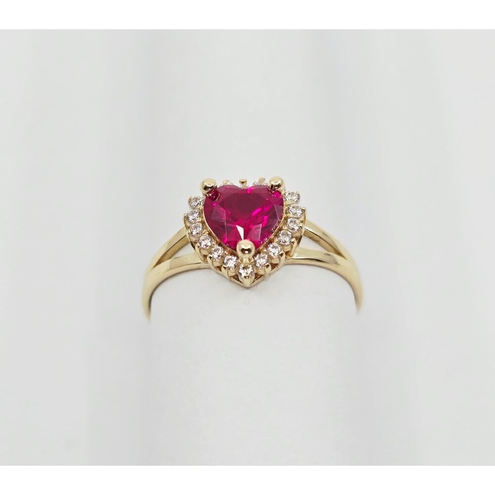 14K Solid Yellow Gold Designer Heart Shaped Synthetic Ruby & CZ Ring - Size 6.50 - Picture 5 of 14
